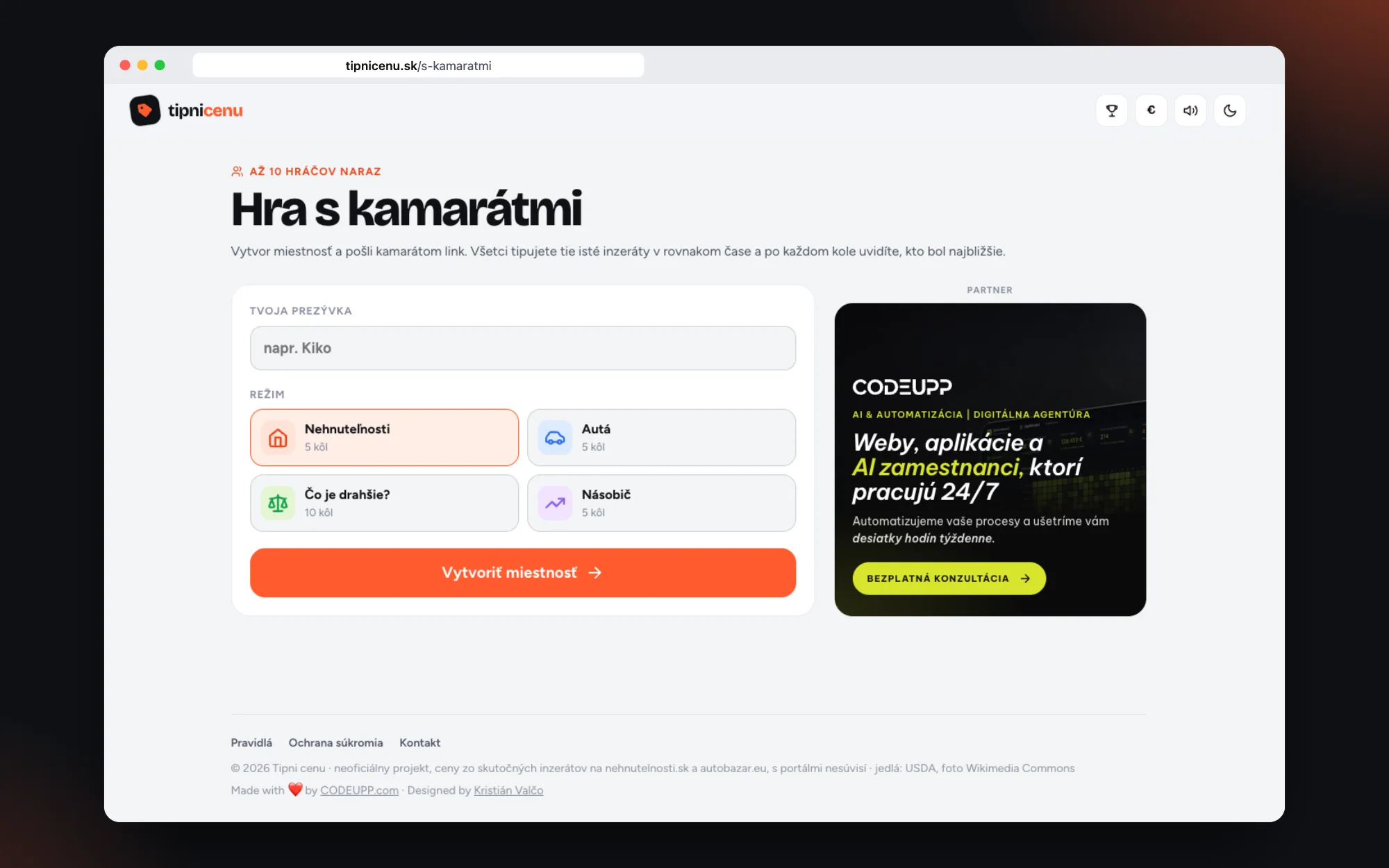 Einen Raum im Modus Hra s kamarátmi (Spiel mit Freunden) erstellen